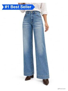 High Waisted Wide Leg Stretch Denim Jeans Full Length Five Pocket